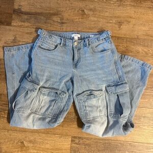LOW RISE Denim Jeans Cargo Pants Oversized Wide Leg Relaxed Fit Pockets 25 F21